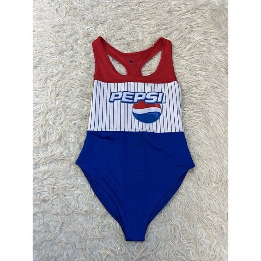 Pepsi Womens Size Large One Piece Swimsuit Razor Back Retro Summer Red & Blue